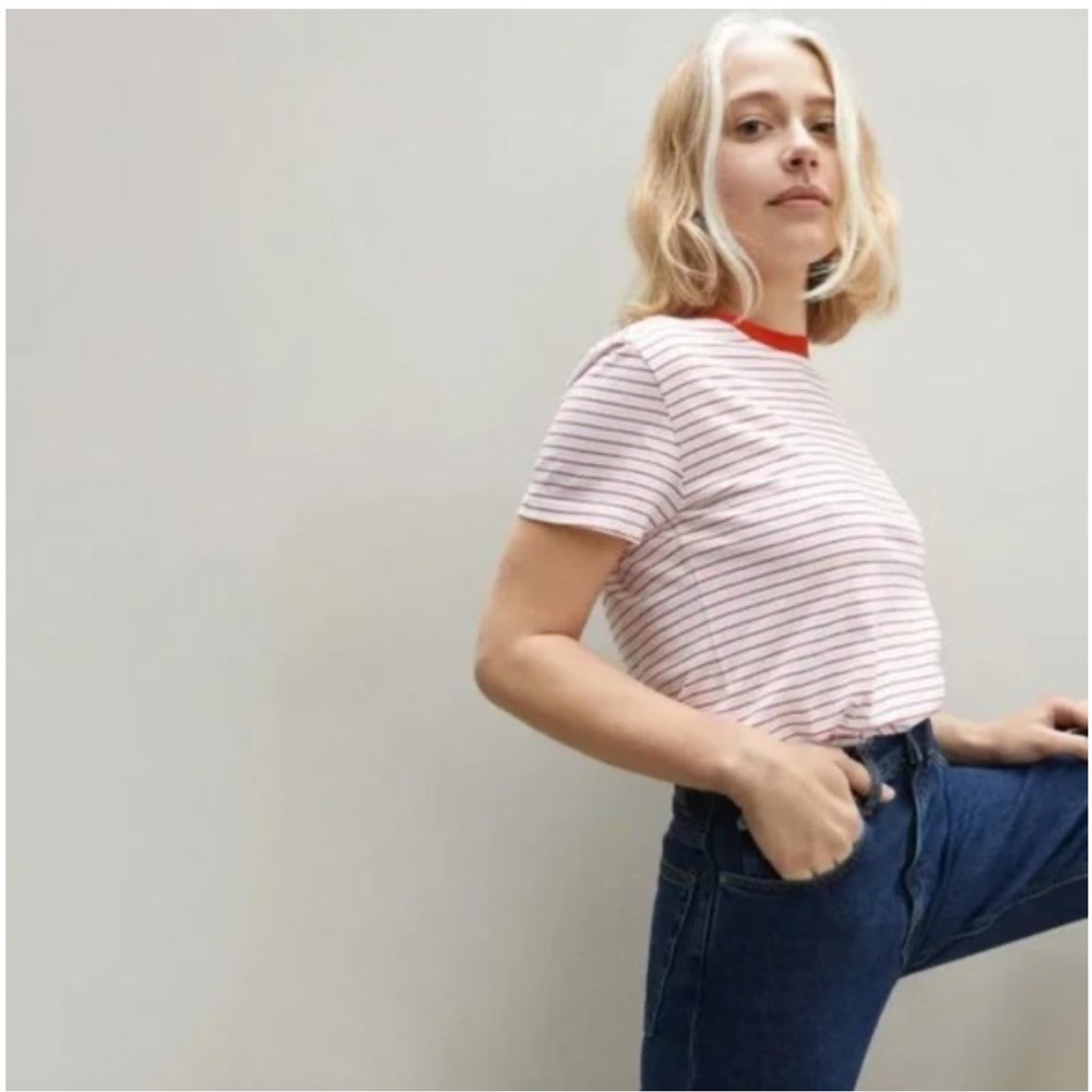Everlane Women’s The Organic Cotton Box-Cut Tee, red and white stripe, XS